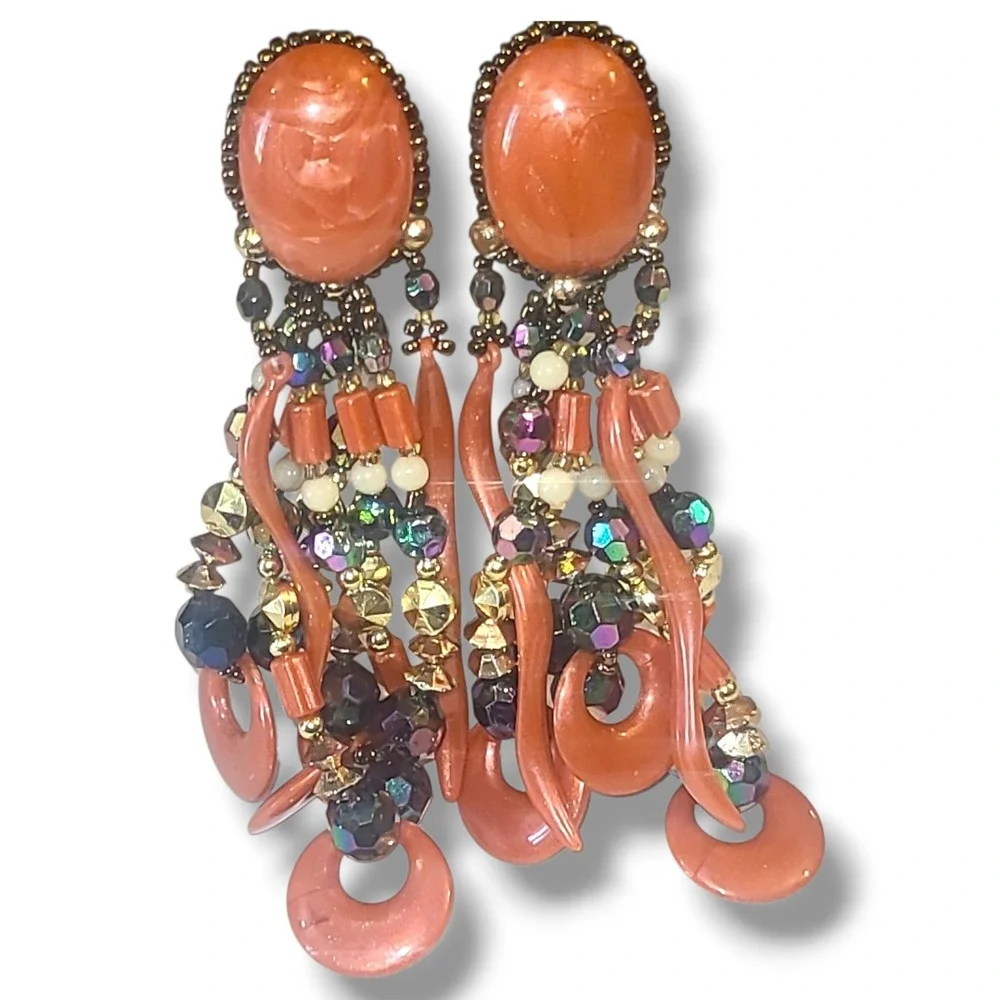 Vintage‎ 80s Chipita Big Coral Beaded Dangle Earrings Pierced Chandelier Boho